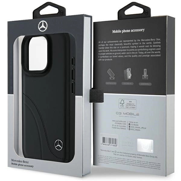 Кожен калъф Mercedes MB Curved Stitches за iPhone 16 Pro - черен