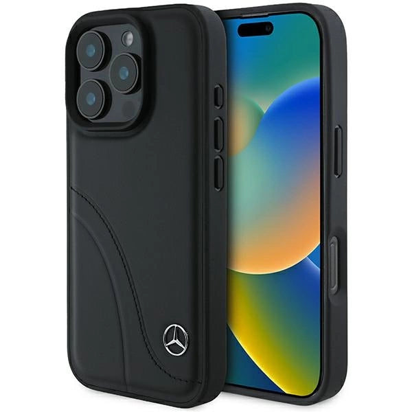 Кожен калъф Mercedes MB Curved Stitches за iPhone 16 Pro - черен
