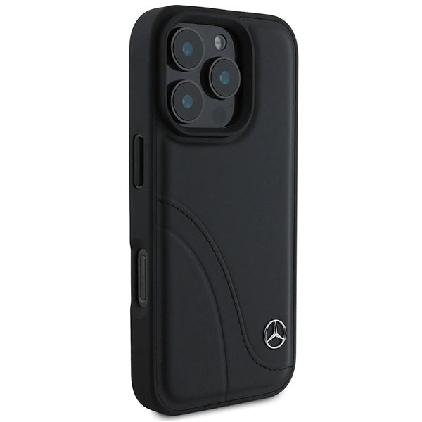 Кожен калъф Mercedes MB Curved Stitches за iPhone 16 Pro - черен