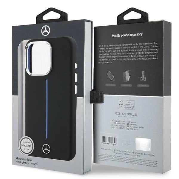 Калъф Mercedes Silicone Blue Stripe MagSafe за iPhone 16 Pro Max - черен