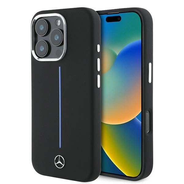 Калъф Mercedes Silicone Blue Stripe MagSafe за iPhone 16 Pro Max - черен