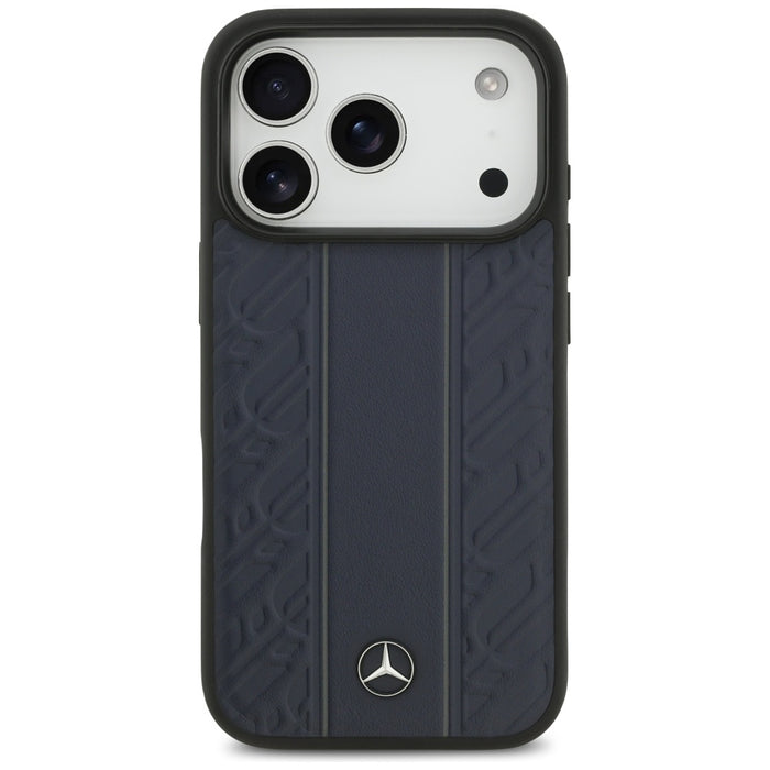 Mercedes Leather Laurel Leaves Stripes MagSafe Case за iPhone 17 Pro - син