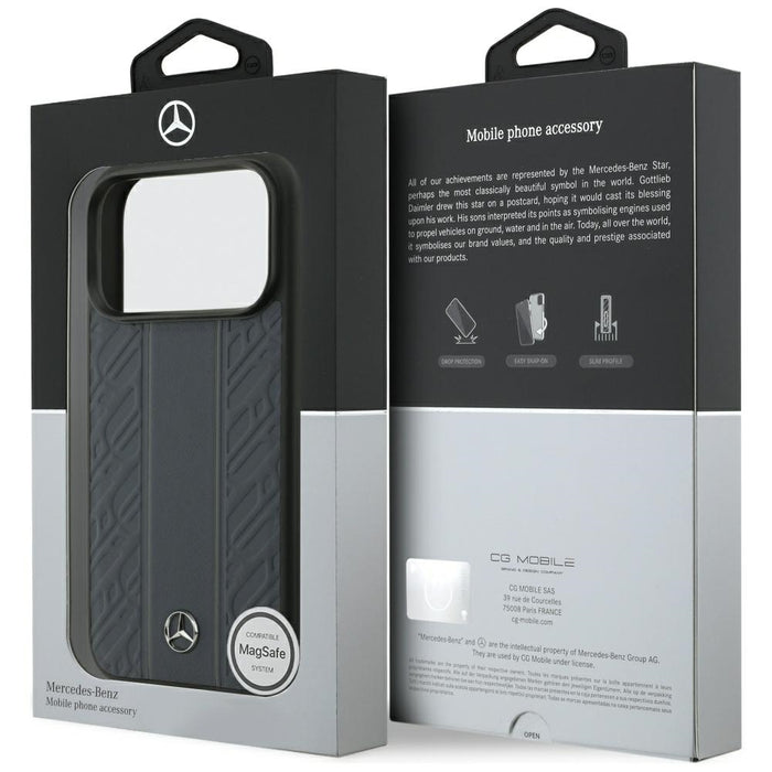 Mercedes Leather Laurel Leaves Stripes MagSafe Case за iPhone 17 Pro - син