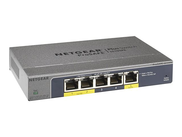 NETGEAR 5-портов Gigabit Plus комутатор с PoE - Настолен компютър 2 PoE 802.3af до 19w PoE бюджет - БЕЗ ЗАХРАНВАНЕ - Осъществено от PoE