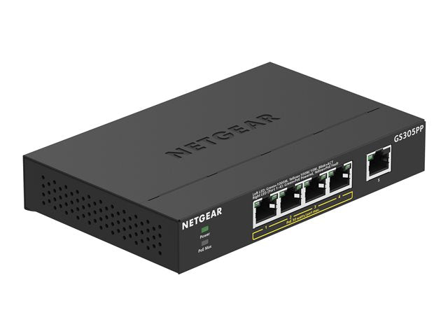 NETGEAR 5-портов гигабитов Ethernet неуправляем PoE превключвател GS305PP 4x PoE+ 83W стенен метален черен
