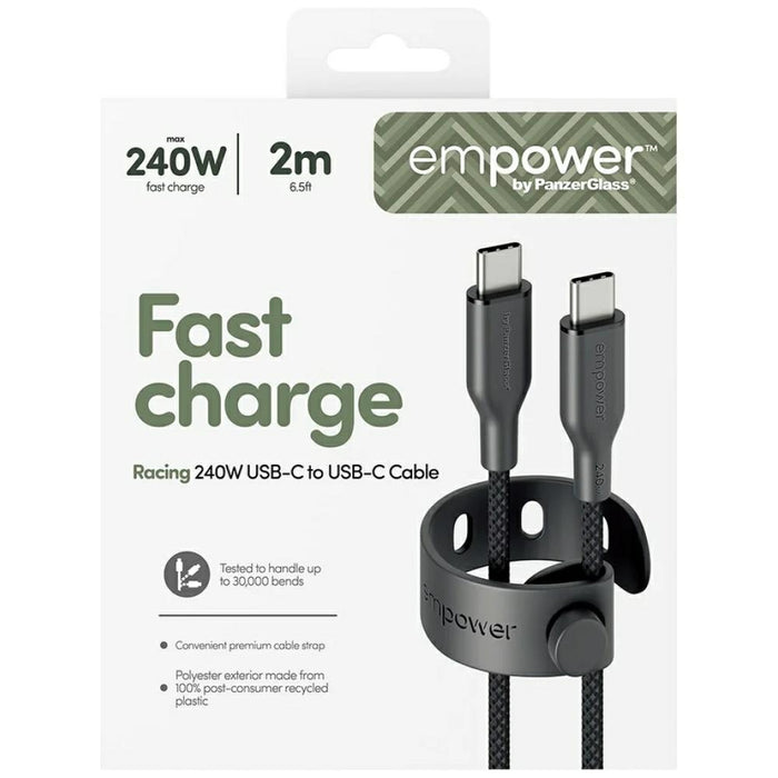 Кабел PanzerGlass empower by PanzerGlass Racing 240W USB-C за USB-C, 2m, черен