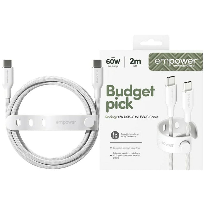 Кабел PanzerGlass empower by Racing 60W за USB-C, 2 m, сребристо-бял