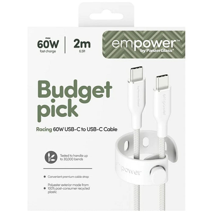 Кабел PanzerGlass empower by Racing 60W за USB-C, 2 m, сребристо-бял