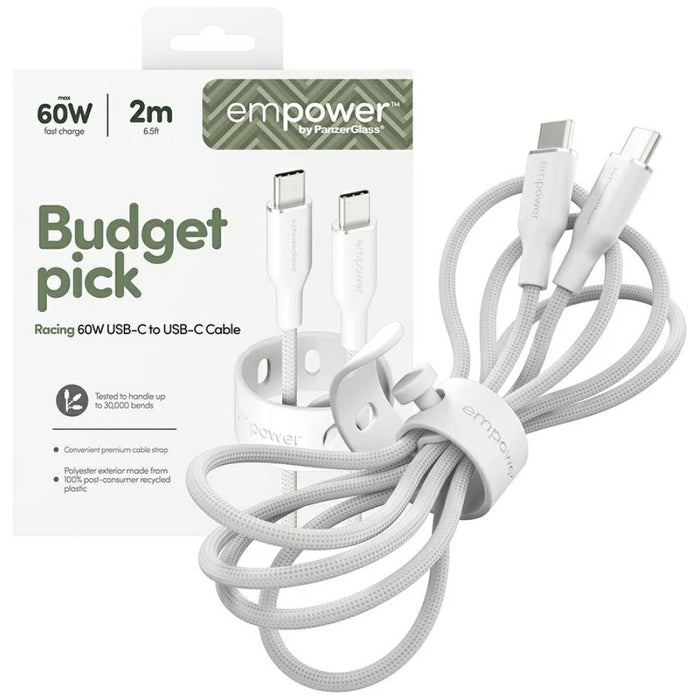 Кабел PanzerGlass empower by Racing 60W за USB-C, 2 m, сребристо-бял