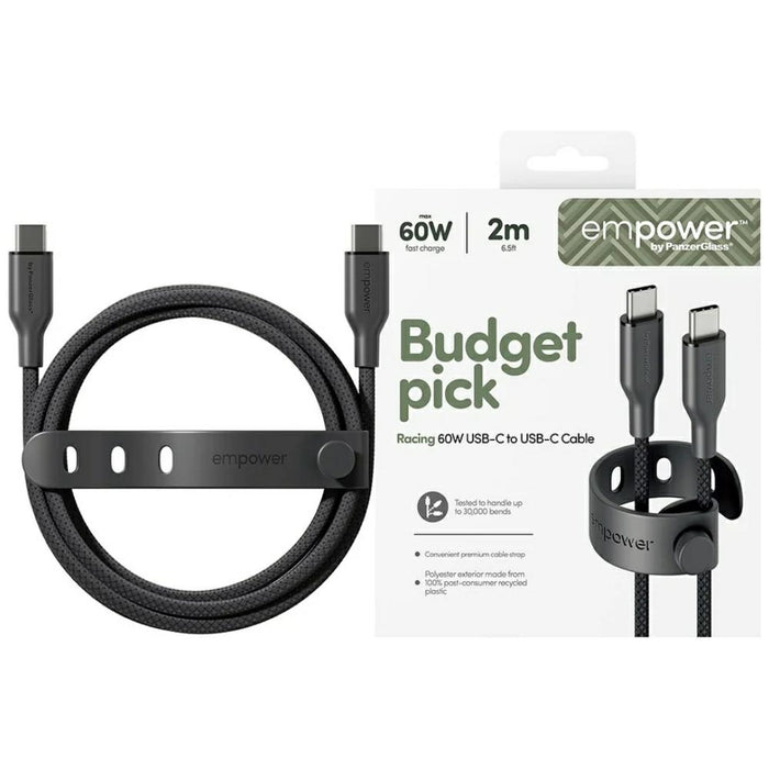 Кабел PanzerGlass empower by Racing 60W за USB-C, 2 m, черен