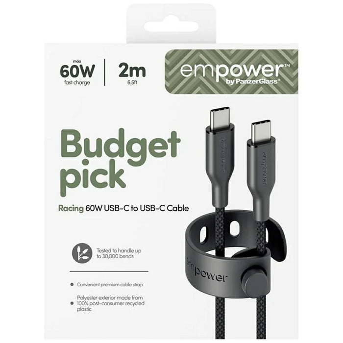 Кабел PanzerGlass empower by Racing 60W за USB-C, 2 m, черен