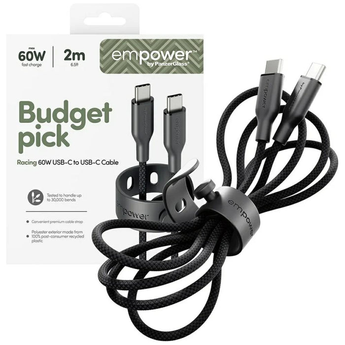 Кабел PanzerGlass empower by Racing 60W за USB-C, 2 m, черен