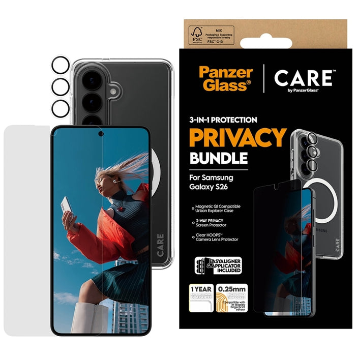 Защитен комплект PanzerGlass CARE Privacy 3в1 (калъф + стъкло + защита на камерата) за Samsung Galaxy S26