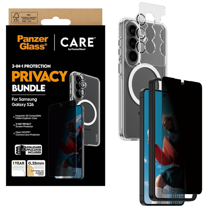 Защитен комплект PanzerGlass CARE Privacy 3в1 (калъф + стъкло + защита на камерата) за Samsung Galaxy S26