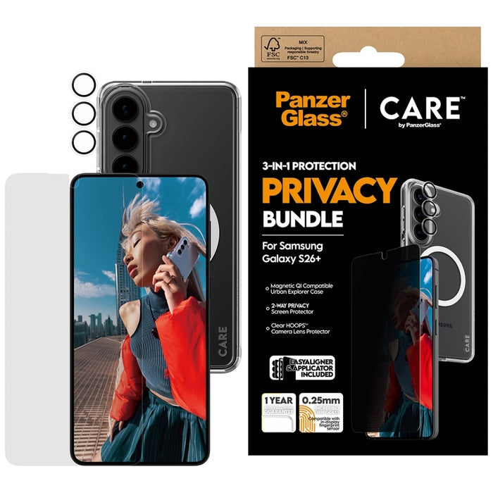 Защитен комплект PanzerGlass CARE Privacy 3в1 калъф+стъкло+лещи за Samsung Galaxy S26+