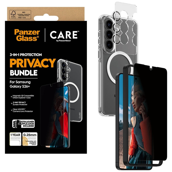 Защитен комплект PanzerGlass CARE Privacy 3в1 калъф+стъкло+лещи за Samsung Galaxy S26+