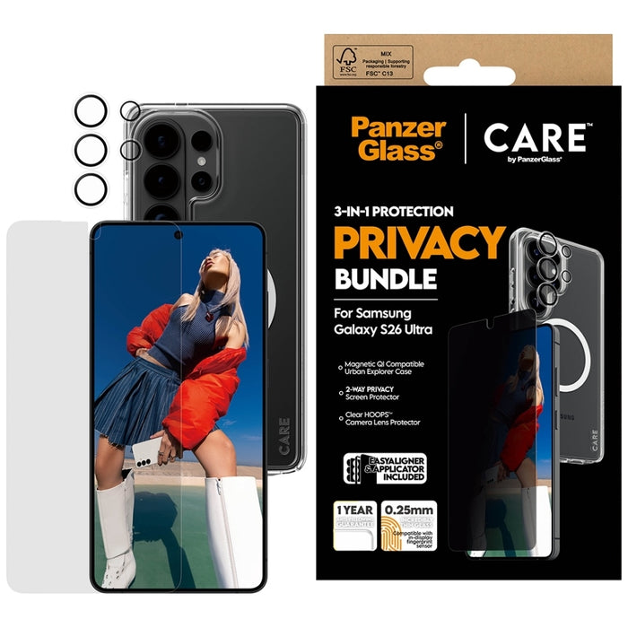 Защитен комплект PanzerGlass CARE Privacy 3в1 (калъф + стъкло + защита на обектив) за Samsung Galaxy S26 Ultra