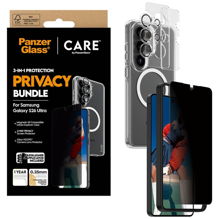Защитен комплект PanzerGlass CARE Privacy 3в1 (калъф + стъкло + защита на обектив) за Samsung Galaxy S26 Ultra