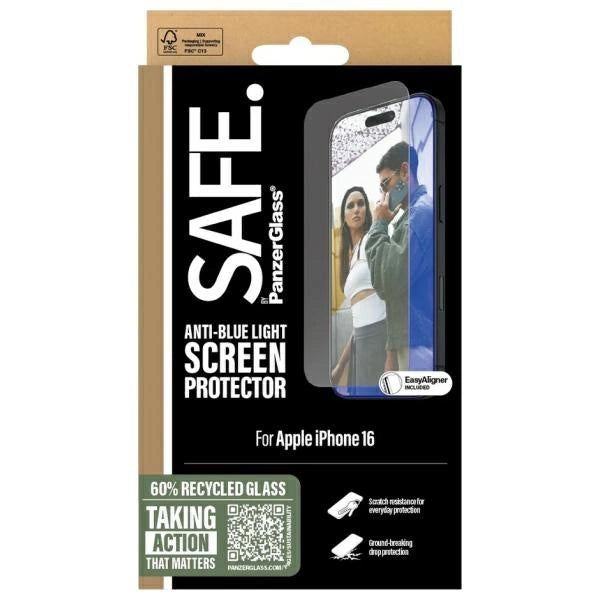 Закалено стъкло SAFE от PanzerGlass Screen Protection Anti-blue Light за iPhone 16 / 15 - прозрачно