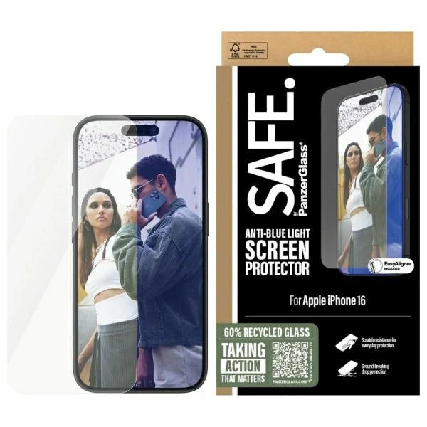 Закалено стъкло SAFE от PanzerGlass Screen Protection Anti-blue Light за iPhone 16 / 15 - прозрачно