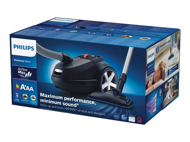 Прахосмукачка Philips с торбичка Performer Silent, максимална производителност, минимален звук, антиалергичен филтър, накрайник TriActive Pro
