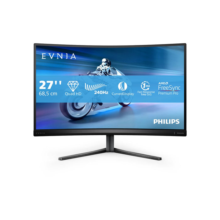 Philips Evnia 27M2C5500W, 27" Curved 1000R, Fast VA, WLED, 2560x1440@240Hz, 1ms GtG, 0.5ms MPRT, 400cd m/2, 3000:1, Mega Infinity DCR, Adaptive Sync, FlickerFree, LowBlue Mode, Tilt, Регулиране на височината, завъртане, 2xHDMI, 2xDP, USB хъб