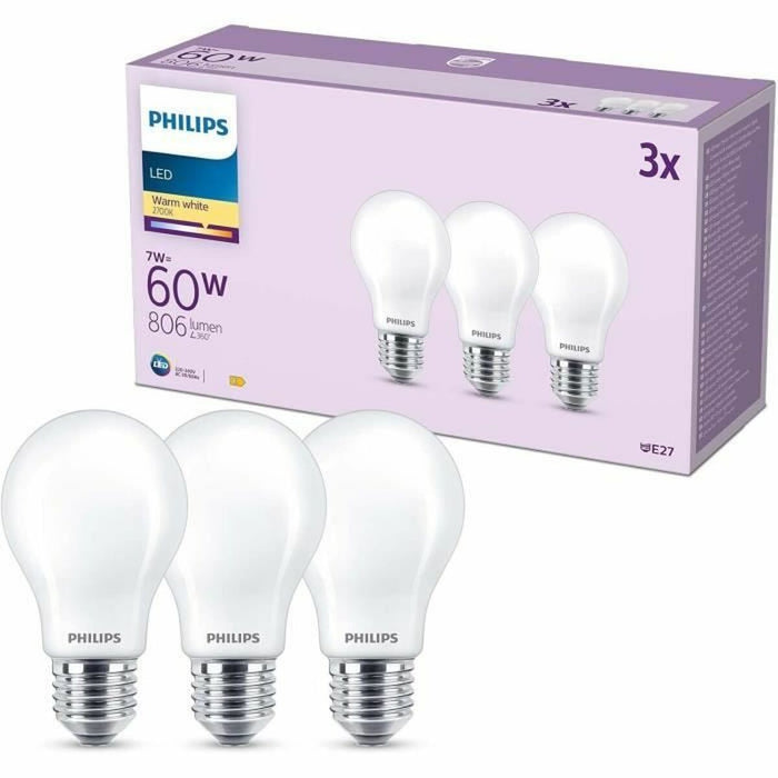 LED крушка Philips A60 E27 Топло Бяло E 7 W 60 W E27 806 lm 3 броя (2700 K)