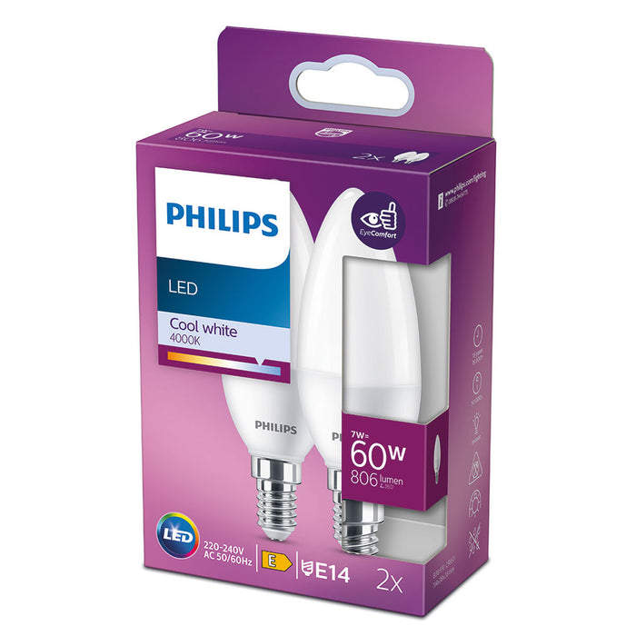 Крушка за лампа тип свещ Philips E 7 W E14 806 lm Ø 3,8 x 11,4 cm 2 броя (4000 K)