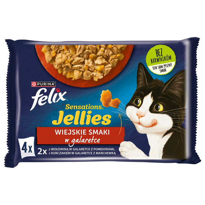 Felix Sensations - телешко с домати и пиле с моркови в желе - Мокра храна за котки - 4 x 85g