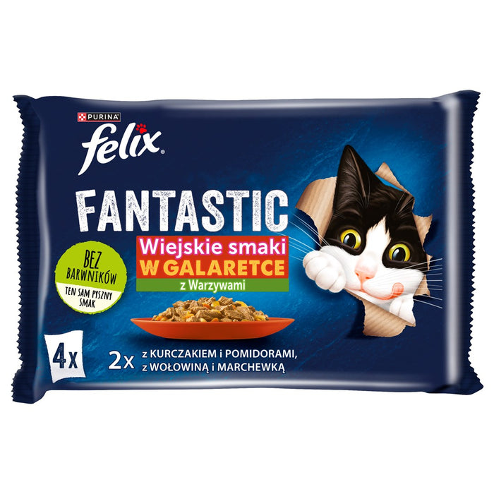 Felix Fantastic Селски вкусове месо със зеленчуци - пилешко с домати, телешко с моркови - 340гр (4х85гр)