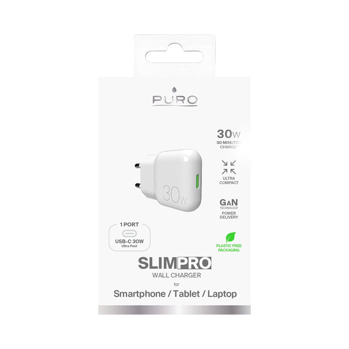 GaN Puro SLIMPRO 30W USB-C стенно зарядно устройство - бяло