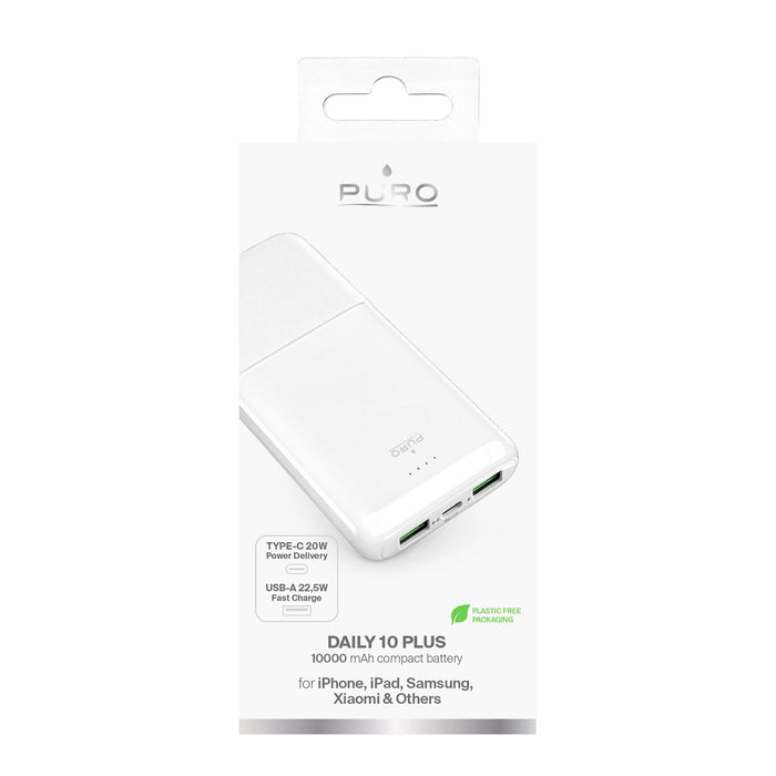 Преносима батерия Powerbank Puro DAILY 10 PLUS 10000mAh 2x USBA / 1x USB-C 22.5W - бял