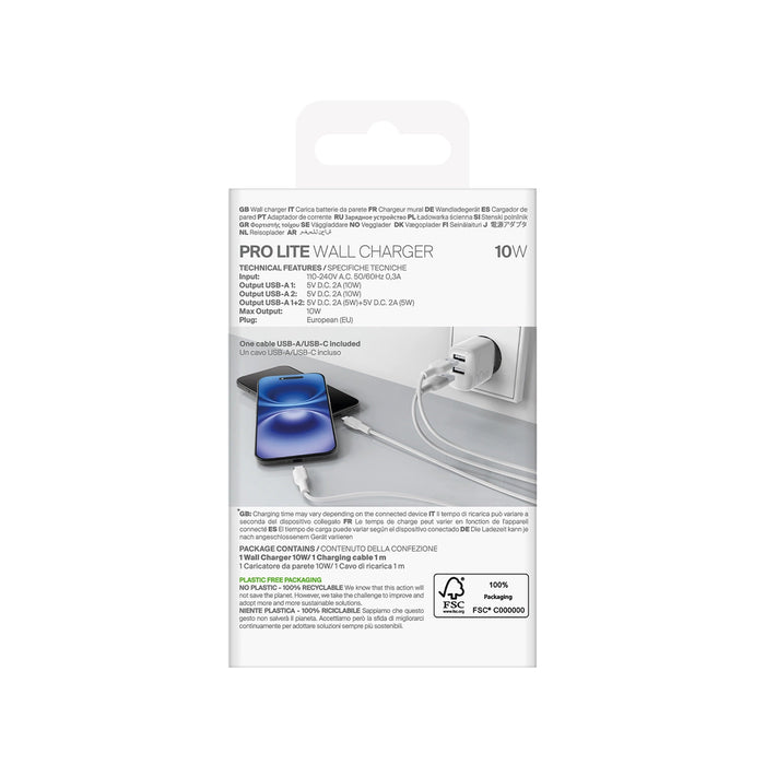 Puro PROLITE 10W 2x USB-A стенно зарядно + USB-A - USB-C кабел 1,2 м - бял