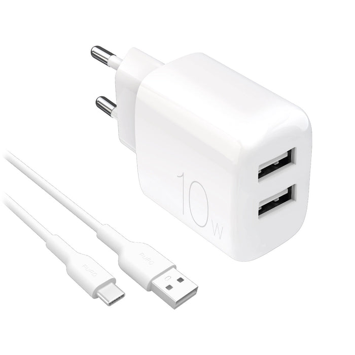 Puro PROLITE 10W 2x USB-A стенно зарядно + USB-A - USB-C кабел 1,2 м - бял