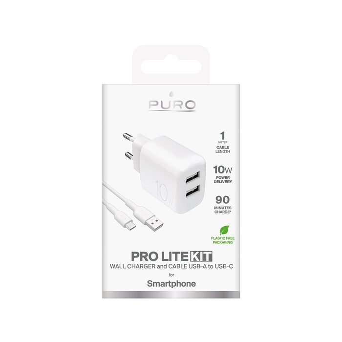 Puro PROLITE 10W 2x USB-A стенно зарядно + USB-A - USB-C кабел 1,2 м - бял