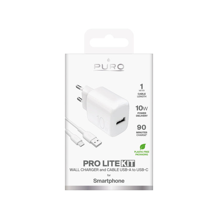 Puro PROLITE 10W USB-A стенно зарядно + USB-A - USB-C кабел 1,2 м - бяло