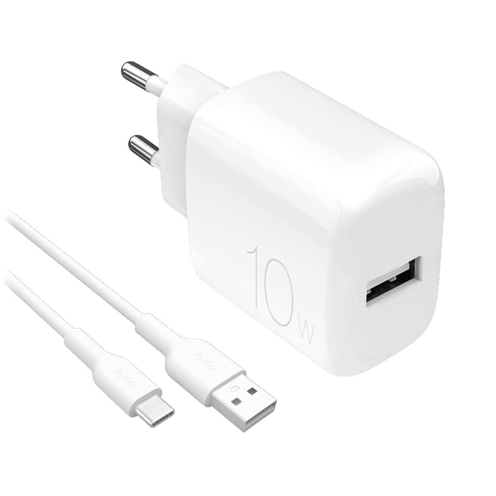 Puro PROLITE 10W USB-A стенно зарядно + USB-A - USB-C кабел 1,2 м - бяло