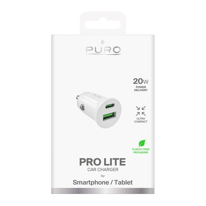 Puro Pro Lite зарядно за кола 1x USB-A + 1x USB-C захранване 20W - бяло