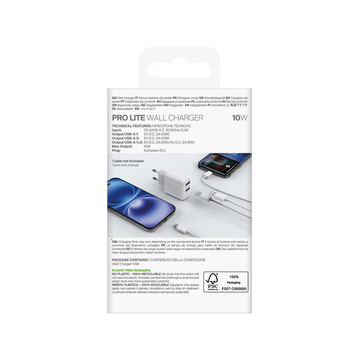 Puro PROLITE 10W 2x USB-A стенно зарядно - бяло