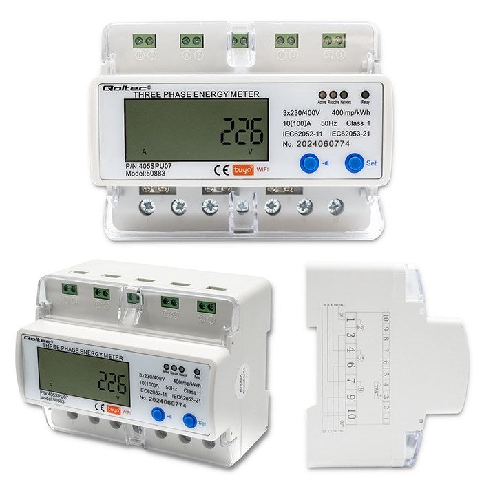 Qoltec 50883 Трифазен електронен разходомер за DIN шина | Wi-Fi | ТУЯ | 400V | LCD
