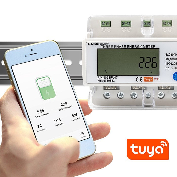 Qoltec 50883 Трифазен електронен разходомер за DIN шина | Wi-Fi | ТУЯ | 400V | LCD