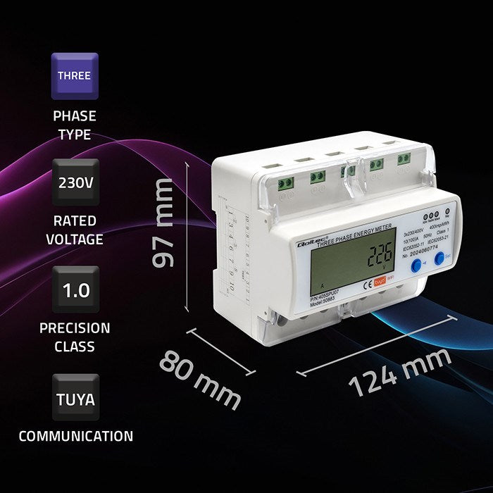 Qoltec 50883 Трифазен електронен разходомер за DIN шина | Wi-Fi | ТУЯ | 400V | LCD