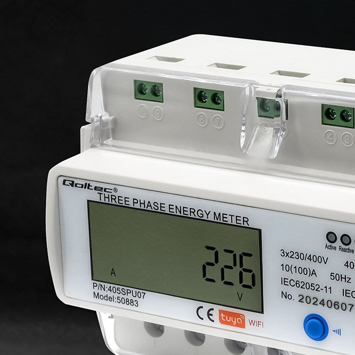 Qoltec 50883 Трифазен електронен разходомер за DIN шина | Wi-Fi | ТУЯ | 400V | LCD