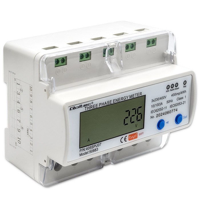 Qoltec 50883 Трифазен електронен разходомер за DIN шина | Wi-Fi | ТУЯ | 400V | LCD