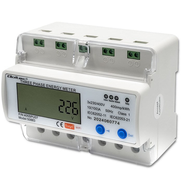 Qoltec 50883 Трифазен електронен разходомер за DIN шина | Wi-Fi | ТУЯ | 400V | LCD