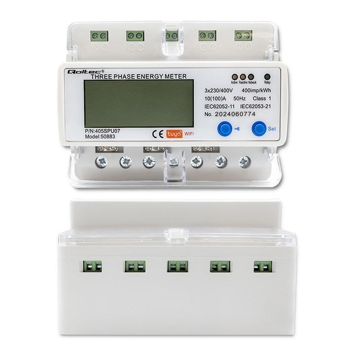 Qoltec 50883 Трифазен електронен разходомер за DIN шина | Wi-Fi | ТУЯ | 400V | LCD