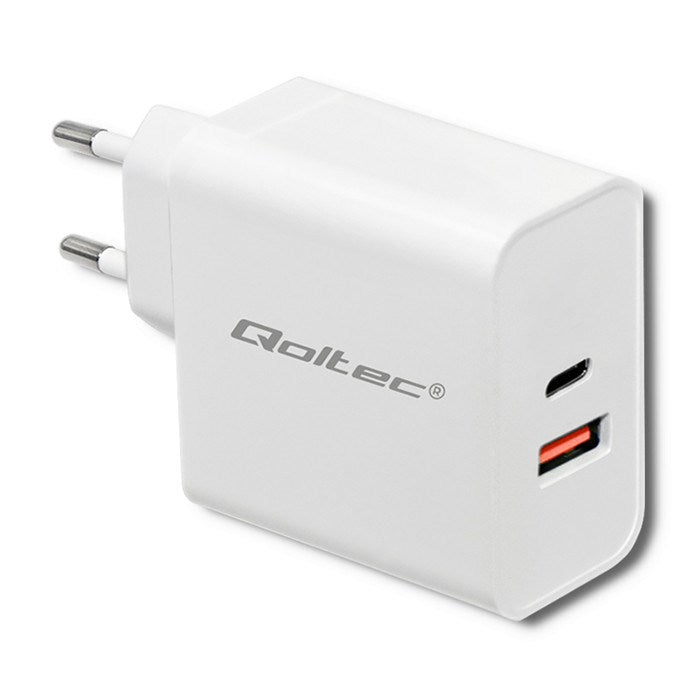 Зарядно устройство Qoltec 51715| 63W | 5-20V | 1.5-3A | USB тип C PD | USB QC 3.0 | Бяло