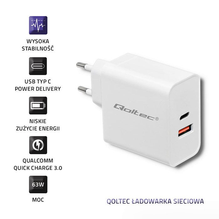 Зарядно устройство Qoltec 51715| 63W | 5-20V | 1.5-3A | USB тип C PD | USB QC 3.0 | Бяло