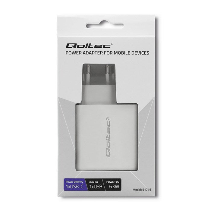 Зарядно устройство Qoltec 51715| 63W | 5-20V | 1.5-3A | USB тип C PD | USB QC 3.0 | Бяло