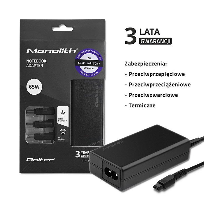 Qoltec 52415 Захранващ адаптер, предназначен за Samsung Sony 65W | 3 щепсела | + захранващ кабел